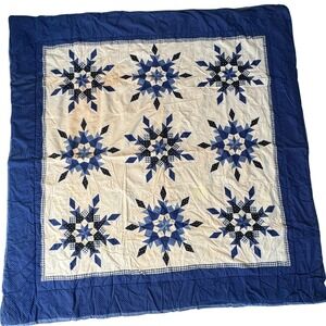 Vintage 1980s-90s Feathered Star Quilt 80x80 + 2 Shams Navy‎ Blue Gingham Keeco